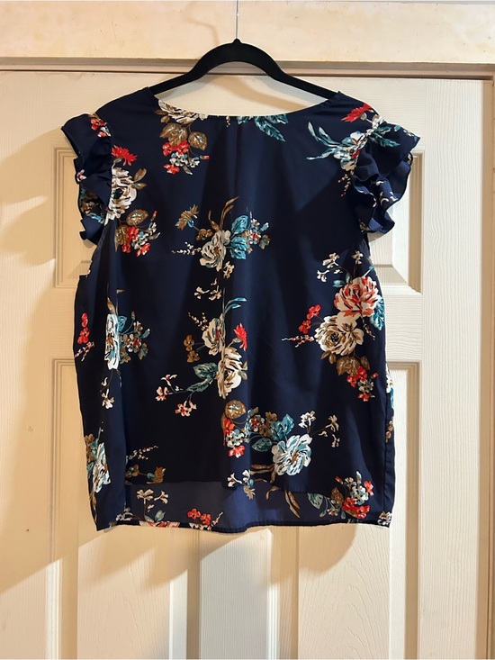 Tops - Navy Floral Ruffle Sleeve Women's Top